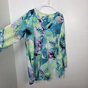 Worthington Green Blue Neon Eclectic Floral Long Sleeve Button‎ Up Size 2X
